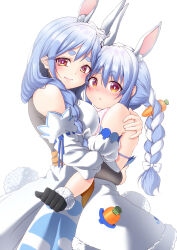  absurdres animal_ear_fluff animal_ears bare_shoulders black_bodysuit black_gloves blue_hair blush bodysuit braid braided_ponytail breasts carrot_hair_ornament clothing_cutout commentary_request detached_sleeves dress fingerless_gloves food-themed_hair_ornament fur-trimmed_dress fur-trimmed_gloves fur_trim gloves hair_ornament highres hololive hug large_breasts long_sidelocks looking_at_viewer looking_to_the_side mother_and_child mother_and_daughter multicolored_hair nose_blush oosono_chaka parent_and_child parted_lips pekomama pekomama_(1st_costume) ponytail_over_shoulder rabbit-shaped_pupils rabbit_ears rabbit_girl rabbit_tail red_eyes ribbon-trimmed_sleeves ribbon_trim shoulder_cutout sidelocks simple_background smile strapless strapless_dress symbol-shaped_pupils tail twin_braids two-tone_hair upper_body usada_pekora usada_pekora_(1st_costume) white_background white_dress white_hair white_sleeves 