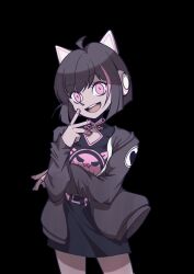  1girl animal_ear_headphones animal_ears asakura_neko black_background black_hoodie black_shirt brown_hair cat_ear_headphones cat_ears cowboy_shot cytus cytus_ii fake_animal_ears hand_on_own_arm headphones helltaker highres hood hoodie multicolored_hair open_clothes open_hoodie open_mouth pink_eyes pink_hair pink_nails print_shirt shirt simple_background smile solo streaked_hair w-tea 