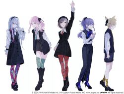  1boy 1other 25-ji_len 25-ji_nightcord_de._(project_sekai) 3girls akiyama_mizuki ankle_boots ankle_socks ankle_strap arm_up asahina_mafuyu beret black_boots black_dress black_hairband black_hat black_jacket black_pants black_ribbon black_scrunchie black_shoes black_shorts black_skirt black_vest blonde_hair blue_bow blue_bowtie blue_eyes blue_pantyhose blue_thighhighs boots bow bowtie braid breasts brown_eyes brown_hair buttons closed_mouth collared_shirt commentary_request company_name copyright_notice cropped_vest dot_nose dress drill_hair drill_ponytail drill_sidelocks earrings expressionless frilled_sleeves frilled_vest frills from_side full_body green_bow green_bowtie green_thighhighs hair_ornament hair_ribbon hair_scrunchie hairband hand_up hands_up hat high-waist_pants high_heels high_ponytail high_side_ponytail highres jacket jewelry kagamine_len knowing_the_unseen_(project_sekai) lace-up_boots loafers long_hair long_sidelocks long_sleeves looking_at_viewer looking_up medium_breasts multicolored_bow multicolored_bowtie multicolored_necktie multicolored_pantyhose multicolored_socks multicolored_thighhighs multiple_girls necktie official_alternate_costume official_alternate_hair_ornament official_art open_clothes open_jacket orange_necktie orange_pantyhose own_hands_together pants pantyhose parted_lips pencil_skirt pink_eyes pink_hair pleated_sleeves ponytail profile project_sekai puffy_long_sleeves puffy_sleeves purple_bow purple_bowtie purple_hair purple_pantyhose red_necktie red_pantyhose red_ribbon ribbon ribbon_earrings scrunchie shinonome_ena shirt shoes short_braid short_hair short_ponytail shorts side_braid side_ponytail sidelocks simple_background single_braid skirt sleeve_cuffs sleeveless sleeveless_jacket small_breasts socks split_mouth standing sutera_sea swept_bangs thigh-highs thigh_boots very_long_hair vest violet_eyes vocaloid watashi_wa_ame_(vocaloid) white_background white_hair white_shirt yellow_socks yoisaki_kanade 