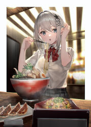  1girl absurdres adjusting_hair arm_up blurry blurry_background bowl buttons chopsticks collared_shirt commentary_request dumpling eating egg food fried_rice hair_between_eyes hand_in_own_hair hands_up highres holding holding_chopsticks houkago_no_seijo-san_ga_toutoi_dake_ja_nai_koto_wo_ore_wa_shitteiru indoors jiaozi jirou_(ramen) neck_ribbon noodles open_mouth ramen red_ribbon ribbon school_uniform shirase_seira shirt short_hair short_sleeves sidelocks skirt solo steam takubon white_hair white_shirt 