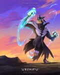  character_name closed_mouth clouds commentary copyright_name energy highres kelvin-trainerk leg_up outdoors pokemon pokemon_(creature) sky solo standing standing_on_one_leg twilight twitter_username urshifu urshifu_(rapid) 
