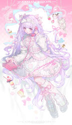  1girl absurdres animal beads blue_ribbon blue_snake blunt_bangs bow bow_legwear cake cherry choker cloud_hair_ornament commission cookie corded_phone dot_nose dress dress_bow eyelashes food frilled_choker frilled_dress frilled_sleeves frills fruit full_body hair_bow hair_ornament hairband hairclip heart heart_o-ring highres holding holding_phone ice_cream juliet_sleeves leg_warmers long_hair long_sleeves looking_at_viewer makeup mihuashi_commission moriyama_meiko o-ring original phone pink_bow pink_eyes pink_theme platform_shoes puffy_sleeves purple_hair rainbow ribbon rouge_(makeup) shoes sidelocks signature snake solo star_(symbol) star_hair_ornament strawberry strawberry_slice two-tone_dress unicorn watermark white_bow white_choker white_shoes 