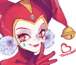  1girl bad_drawr_id bad_id bell chrono_cross closed_mouth earrings facepaint facial_mark gloves harle_(chrono_cross) harlequin hat jester jester_cap jewelry jingle_bell pikaro pom_pom_(clothes) pom_pom_earrings portrait red_eyes red_gloves red_lips simple_background smile solo teardrop_facial_mark white_background 