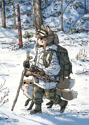  1girl absurdres animal animal_ears backpack bag battle_rifle boots brown_hair camouflage camouflage_pants cane day expressionless forest fox fox_ears fox_girl fox_girl_(yihan_world) fox_tail gloves goggles goggles_on_head gun highres hiking jacket m14 m21 nature original outdoors pants ponytail rifle scope sniper_rifle snow solo tail tongue tree walking weapon white_jacket yihan_world 