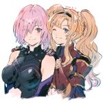  2girls ;) black_hairband black_leotard blonde_hair blue_eyes braid breasts closed_mouth cropped_torso crossover elbow_gloves eyes_visible_through_hair fate/grand_order fate_(series) gauntlets gloves granblue_fantasy hair_intakes hair_over_one_eye hairband hands_on_another&#039;s_shoulders highres leotard long_hair looking_at_viewer mash_kyrielight medium_breasts multiple_girls one_eye_closed pink_hair shimatani_azu shiny shiny_hair short_hair sidelocks simple_background sketch smile upper_body very_long_hair violet_eyes white_background zeta_(granblue_fantasy) 
