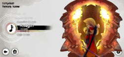  1boy absurdres armor blonde_hair blue_eyes fake_screenshot from_behind glowing grey_background highres holding holding_sword holding_weapon japanese_armor jinbaori konyak9konnya9 kote kujura_(sekaiju) long_hair looking_at_viewer male_focus parody_request sekaiju_no_meikyuu sekaiju_no_meikyuu_3 solo standing sword sword_on_back turning_head weapon weapon_on_back 