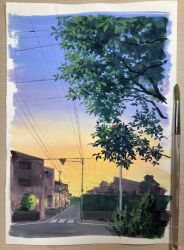  art_tools_in_frame blue_sky building commentary_request crosswalk gradient_sky highres no_humans orange_sky original outdoors painting_(medium) power_lines road sawitou_mizuki sky traditional_media tree utility_pole 