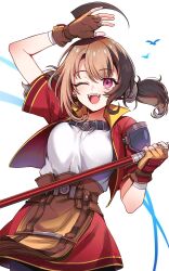  1girl absurdres arm_up armor belt belt_buckle bird blonde_hair bo_staff breasts brown_belt brown_gloves brown_hair buckle ceesalt commentary cosplay cowboy_shot cropped_jacket double-parted_bangs eiyuu_densetsu english_commentary estelle_bright estelle_bright_(cosplay) fangs fingerless_gloves gigi_murin gloves gold_trim highres holding holding_staff holding_weapon hololive hololive_english jacket multicolored_hair one_eye_closed open_mouth pink_eyes popped_collar red_jacket red_skirt sharp_teeth shirt shoulder_armor skirt small_breasts solo sora_no_kiseki sora_no_kiseki_fc staff teeth twintails two-tone_hair upper_teeth_only virtual_youtuber weapon white_shirt 