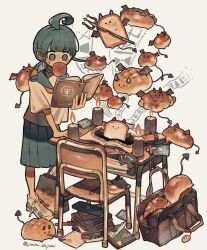  1girl ahoge ahoge_girl_(jimini_shijimi) artist_name bag board_eraser book book_stack bread candle chair chalk commentary_request croissant demon demon_horns demon_tail demon_wings desk food food_in_mouth green_eyes green_hair green_sailor_collar green_serafuku green_skirt holding holding_book horns instagram_username jimini_shijimi living_food looking_at_object neckerchief no_pupils original paper_bag pastry pen polearm reading red_neckerchief sailor_collar school_bag school_chair school_desk school_uniform scissors serafuku shirt shoes short_sleeves sidelocks simple_background skeb_username skirt sneakers solo standing summoning sweatdrop tail trident twitter_username weapon white_background white_shirt wings 