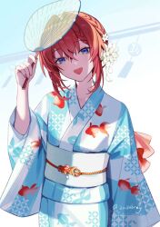  1girl :d alternate_costume ange_katrina animal_print aubrey_(kyarairo) blue_background blue_eyes blue_kimono braid commentary_request crossed_bangs fish_ornament fish_print flower goldfish_print gradient_background hair_between_eyes hair_flower hair_intakes hair_ornament hand_fan hand_up head_tilt highres holding holding_fan japanese_clothes kanzashi kimono long_bangs long_sleeves looking_at_viewer nail_polish nijisanji obi obidome obijime open_mouth paper_fan pink_nails print_kimono red_hair sash sidelocks smile solo summer tsumami_kanzashi twitter_username uchiwa updo upper_body virtual_youtuber white_background white_flower white_sash wind_chime yukata 
