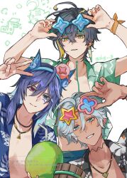  3boys ajaw_(genshin_impact) animal_ear_fluff animal_ears aqua_eyes bat_ears black_hair black_shirt blonde_hair blue-framed_eyewear blue_eyes blue_hair blue_hairband blue_shirt cacucu_(genshin_impact) chest_tattoo coconut cup drinking_straw ear_piercing earrings facial_mark flower-shaped_eyewear food fruit genshin_impact green_eyes green_hair green_shirt grey_hair hairband heterochromia highres holding holding_cup holding_food holding_fruit ifa_(genshin_impact) jewelry kinich_(genshin_impact) long_hair male_focus multicolored_hair multiple_boys neck_tattoo necklace open_clothes open_shirt ororon_(genshin_impact) piercing pink_eyes shirt short_hair skg_g spiked_ear_piercing star-shaped_eyewear star_(symbol) streaked_hair tan tattoo v white_background 