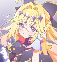  1girl absurdres adjusting_hair black_bow black_necktie blonde_hair blush bow cure_arcana_shadow double-parted_bangs dress grey_background hair_between_eyes hair_bow hair_intakes hand_up highres long_hair looking_at_viewer meitantei_precure! necktie nuzuminn precure purple_dress sidelocks smile solo violet_eyes wrist_cuffs 