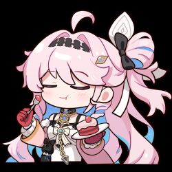  1girl ahoge animated animated_gif black_bow blue_hair bow breasts cake cake_slice chain closed_eyes colored_inner_hair denia_(wuthering_waves) detached_sleeves dress eating food fork gloves hair_bow hair_intakes hair_ornament highres holding holding_fork long_hair multicolored_hair official_art pink_hair red_gloves simple_background small_breasts solo sticker_(medium) stuffed_toy upper_body white_background white_dress wuthering_waves 