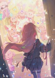  1girl absurdres arm_at_side birthday_cake birthday_party black_shirt black_skirt black_thighhighs cake commentary_request creature doorway facing_away feet_out_of_frame floating_hair food from_behind gift gun hanako_nana hand_up handgun highres holding holding_gun holding_weapon indoors korean_commentary long_hair long_sleeves miniskirt open_door peto_(hanako_nana) pink_hair pleated_skirt rabbit shirt single_thighhigh skirt standing stellive straight_hair string_of_flags thigh-highs thigh_strap very_long_hair virtual_youtuber weapon yw_marron 