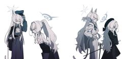  2girls absurdres akira_(blue_archive) akira_(miria)_(blue_archive) animal_ear_fluff animal_ears ascot belt beret blue_archive cane cat_ears cat_girl cat_tail coat commentary_request cowboy domino_mask dress evil_grin evil_smile eye_mask fluffy_hair gloves grin hair_intakes half_updo halo hat highres holding holding_cane holding_suitcase jacket kiroshi korean_commentary lanyard leaning_forward long_hair long_sleeves mask multiple_girls pants pantyhose partially_colored peaked_cap pencil_skirt pleated_skirt poet_shirt ponytail professor_niyaniya_(blue_archive) professor_niyaniya_(teacher)_(blue_archive) profile school_uniform serafuku shaded_face shirt skirt smile suitcase tail 