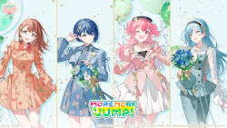  4girls :d ;d adjusting_hair arm_up artist_name asymmetrical_bangs balloon basket black_hairband black_hat black_shirt blue_background blue_dress blue_eyes blue_flower blue_hair blue_jacket blue_pants bob_cut bouquet braid braided_bangs breasts brooch brown_hair buttons closed_mouth clover clover_brooch clover_earrings clover_hair_ornament clover_hat_ornament collared_dress collared_shirt column_lineup commentary_request company_name copyright_notice cowboy_shot cropped_jacket dot_nose dress earrings english_text fang floral_print floral_print_dress floral_print_jacket flower frilled_sleeves frills grey_eyes group_name guest_art hair_ornament hairband hanasato_minori hand_up hands_up hat highres hinomori_shizuku holding holding_balloon holding_basket holding_bouquet inverted_bob jacket jewelry kiritani_haruka lapels light_blush lineup long_hair long_sleeves medium_hair mole mole_under_mouth momoi_airi more_more_jump!_(project_sekai) multiple_girls necklace notched_lapels official_art one_eye_closed open_clothes open_jacket open_mouth orange_dress pants pink_hair pink_jacket pleated_skirt print_dress project_sekai puffy_long_sleeves puffy_sleeves red_eyes second-party_source shirt short_hair skirt small_breasts smile standing swept_bangs tongue two_side_up ugonba_(howatoro) white_shirt white_skirt 