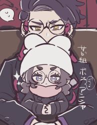  1boy 1girl ansha_(pokemon) black_coat black_hair black_jacket blue_eyes closed_mouth coat commentary_request corbeau_(pokemon) eyewear_strap hat highres jacket kino_haruc long_hair long_sleeves looking_at_another looking_at_viewer parted_hair pink_scarf pokemon pokemon_legends:_z-a purple_hair red_background round_eyewear scarf short_hair simple_background sitting undercut upper_body white_hat yellow_eyes 