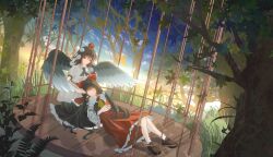  2girls absurdres ascot bird_wings black_ascot black_skirt blue_sky bow brown_hair brown_shoes cage chinese_commentary closed_mouth clouds commentary_request day detached_sleeves feathered_wings frilled_bow frilled_hair_tubes frilled_skirt frills gan_cao_xuan_mi_su hair_bow hair_tubes hakurei_reimu hat highres incredibly_absurdres lap_pillow loafers long_hair multiple_girls pom_pom_(clothes) puffy_short_sleeves puffy_sleeves red_bow red_eyes red_hat red_skirt ribbon-trimmed_sleeves ribbon_trim shameimaru_aya shoes short_sleeves skirt skirt_set sky smile socks tokin_hat touhou tree white_socks wings yellow_ascot yuri 