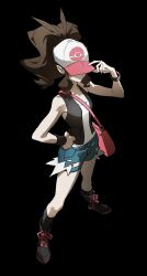  1girl bag bare_shoulders baseball_cap black_background black_socks black_vest brown_hair cutoffs denim denim_shorts exposed_pocket firstsun_d full_body hand_on_own_hip hat hat_tip high_ponytail highres hilda_(pokemon) long_hair open_clothes open_vest poke_ball_print pokemon pokemon_black_and_white ponytail shirt shorts shoulder_bag sidelocks socks solo standing vest white_shirt wristband 