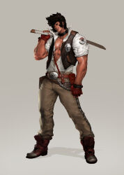  1boy belt belt_buckle belt_pouch black_collar black_hair boots brown_pants buckle chain collar concept_art fingerless_gloves glove_belt gloves gunz_2_the_second_duel gunz_the_duel jerrypark leather leather_vest long_sideburns muscular muscular_male official_art open_clothes open_shirt pants police_badge pompadour pouch red_belt red_boots red_gloves shirt sideburns sleeves_rolled_up smug steel-toe_boots sword tachi-e vest weapon white_shirt wooden_sword zipper 