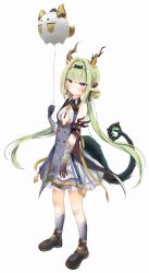  1girl absurdres arknights arknights:_endfield ayayayu_na balloon black_shoes blue_eyes blush commentary_request dragon_girl dragon_horns dragon_tail dress elbow_gloves gloves green_hair highres holding holding_balloon horns long_hair looking_at_viewer shoes si_(arknights) socks tail twintails very_long_hair white_background white_dress white_gloves white_socks 