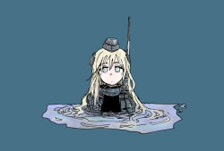  1girl blonde_hair blue_background blue_eyes blue_jacket closed_mouth commentary_request expressionless garrison_cap hair_spread_out halca_(technodrome) hat headgear jacket kantai_collection long_hair partially_submerged radio_antenna solo u-511_(kancolle) water 