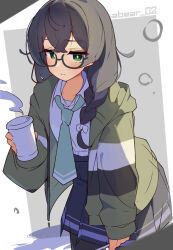  1girl black-framed_eyewear black_hair blue_skirt blurry blurry_foreground blush border bow braid bright_pupils cevio closed_mouth collared_shirt commentary_request cowboy_shot crossed_bangs cup disposable_cup double-parted_bangs double_horizontal_stripe glasses green_eyes green_hoodie green_necktie grey_background hair_between_eyes hair_bow hanakuma_chifuyu highres holding holding_cup hood hood_down hoodie long_hair long_sleeves looking_at_viewer necktie open_clothes open_hoodie outside_border pleated_skirt semi-rimless_eyewear shirt simple_background skirt solo tetenka twitter_username under-rim_eyewear white_border white_bow white_pupils white_shirt 
