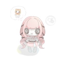  1girl ahoge animal bare_shoulders barefoot belt black_belt black_eyes black_ribbon bow bow_choker bowtie bra_strap button_eyes buttons cat chibi chinese_commentary choker cloak clothed_animal commentary_request disembodied_hand doll ear_covers eyelashes frilled_skirt frilled_sleeves frills hair_ribbon hood hood_up hooded_cloak infinity_nikki layered_skirt long_hair long_sleeves medium_skirt momo_(nikki) nikki_(nikki) nikki_(series) objectification off-shoulder_shirt off_shoulder perfect_start_(infinity_nikki) pink_choker pink_hair pink_skirt red_bow red_bowtie ribbon sanwenyuyuzi shadow shirt simple_background skirt sleeves_past_wrists solo speech_bubble spoken_character standing thought_bubble traditional_bowtie tress_ribbon very_long_hair white_background white_cat white_shirt white_skirt x_mouth x_navel yellow_cloak 