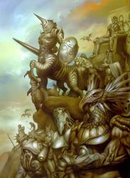  animal_ears antennae arch_orphnoch armor full_body helmet holding holding_weapon horns horse_orphnoch inui_takumi kamen_rider kamen_rider_555 kamen_rider_faiz male_focus monster multiple_boys no_humans orphnoch_(555) rogues'_gallery scarf shinohara_tamotsu standing tokusatsu weapon 