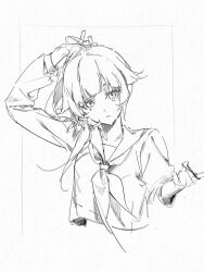 1girl adjusting_hair blunt_bangs collarbone commentary cropped_torso greyscale hair_ornament hairclip highres holding long_hair looking_at_viewer monochrome neckerchief parted_lips ponytail sailor_collar school_uniform serafuku short_sleeves sidelocks sketch solo unworn_hair_ornament unworn_hairclip upper_body vocaloid vy1 wloop 