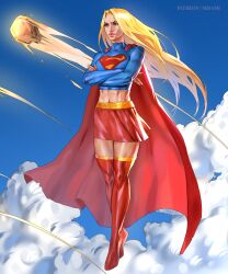  1girl absurdres blonde_hair blue_eyes blue_shirt blue_sky boots cape closed_mouth clouds commentary cropped_shirt crossed_arms crossed_legs curtained_hair dc_comics eyelashes floating floating_hair half-closed_eyes highres legs_together long_hair long_sleeves meteor midair midriff miniskirt misa_mi navel parted_bangs patreon_username red_boots red_cape red_skirt serious shirt skirt sky supergirl superhero_costume superman_(series) superman_logo thigh_boots tight_clothes tight_shirt toned toned_female torn_cape torn_clothes very_long_hair zettai_ryouiki 