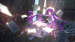  1girl book bookshelf capelet chinese_commentary commentary_request crescent crescent_hat_ornament dress floating floating_book floating_object gan_cao_xuan_mi_su hat hat_ornament highres holding holding_book indoors library long_hair mob_cap open_book patchouli_knowledge pink_capelet pink_dress pink_hat purple_hair reading solo stairs striped_clothes striped_dress touhou vertical-striped_clothes vertical-striped_dress very_long_hair violet_eyes voile 