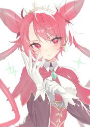  1girl absurdres adjusting_clothes adjusting_gloves collared_shirt commentary_request dominus_purge dominusteer_rosepamela double_bun duel_monster enmo_takeshita gloves hair_bun highres long_hair red_eyes red_hair shirt solo thorns tiara twintails upper_body white_background white_gloves yu-gi-oh! 