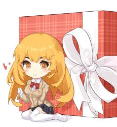  1girl between_legs blazer blonde_hair bow bowtie box breasts bright_pupils brown_jacket chibi chibi_only closed_mouth collared_shirt commentary_request emblem gift gift_box gloves grey_skirt hand_between_own_legs hand_up heart jacket layered_sleeves light_blush long_hair long_sleeves looking_at_viewer medium_breasts mini_person minigirl miniskirt orange_eyes plaid_clothes plaid_skirt pleated_skirt red_bow red_bowtie ribbon school_emblem school_uniform shin_(highest1192) shirt shokuhou_misaki sidelocks simple_background skirt smile solo spider_web_print star-shaped_pupils star_(symbol) symbol-shaped_pupils thigh-highs toaru_majutsu_no_index tokiwadai_school_uniform very_long_hair white_background white_gloves white_ribbon white_shirt white_thighhighs winter_uniform yellow_pupils 