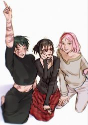  3girls arm_up barefoot black_shirt boruto:_naruto_next_generations boruto_(series) breasts burn_scar cellphone commentary crop_top cross cross_necklace crossover english_commentary facial_mark forehead_mark gelleytoast goth_fashion hairband haruno_sakura heart heart-shaped_eyewear highres holding holding_phone index_finger_raised jewelry jujutsu_kaisen kneeling medium_breasts midriff_peek mikasa_ackerman multiple_crossover multiple_girls naruto_(series) navel necklace phone red_hairband red_skirt ring scar scar_across_eye scar_on_arm scar_on_cheek scar_on_face scar_on_stomach selfie shingeki_no_kyojin shingeki_no_school_castes shirt sitting skirt sleeves_past_wrists smartphone sunglasses yokozuwari zen'in_maki zen'in_maki_(post_shibuya) 
