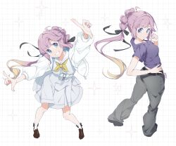  1girl absurdres anyoji_hime arms_up baggy_pants black_ribbon blue_eyes blunt_sidelocks breasts chinese_commentary commentary_request dress finger_frame foreshortening from_above full_body grid_background grin hair_ribbon hand_on_own_hip highres jacket loafers long_hair looking_at_viewer love_live! love_live!_hasu_no_sora_jogakuin_school_idol_club medium_breasts midriff multi-tied_hair multiple_views neckerchief open_clothes open_jacket outstretched_arms pants parted_bangs ponytail purple_hair purple_nails ribbon ruoguiling shoes sidelocks simple_background smile socks sparkle white_dress white_jacket white_socks yellow_neckerchief 