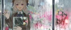  1girl :d absurdres aqua_hair aqua_nails ascot blonde_hair blush braid brown_coat coat dress enna_alouette enna_alouette_(fall_casual) green_dress head_wings highres low_twin_braids medium_hair multicolored_hair nijisanji nijisanji_en purple_ascot sawayaka_(swyk_a4) smile solo streaked_hair twin_braids violet_eyes virtual_youtuber waving wings 
