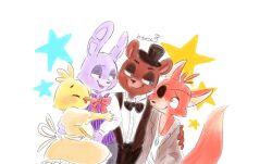  1girl 3boys :3 ^_^ animal_ears animal_nose arm_around_another's_waist arm_around_shoulder artist_name back_bow beak bear_boy bear_ears bib bird_girl black_bow black_bowtie black_hat black_pants blue_eyes blush body_fur bonnie_(fnaf) bow bowtie brown_fur brown_jacket chica closed_eyes closed_mouth collared_shirt commentary_request cowboy_shot dress eye_contact eyepatch five_nights_at_freddy's five_nights_at_freddy's_1 formal_clothes fox_boy fox_ears fox_tail foxy_(fnaf) freddy_fazbear frilled_dress frills furry furry_female furry_male grey_pants half-closed_eyes hand_on_another's_shoulder hand_on_another's_waist happy hat head_tilt highres hug jacket jewelry long_sleeves looking_at_another looking_to_the_side meme_(penpengusa_no_meme) multiple_boys mutual_hug necklace one_eye_covered open_clothes open_jacket open_mouth orange_dress orange_eyes orange_fur pants pinstripe_pattern pinstripe_vest purple_fur purple_vest rabbit_boy rabbit_ears raised_inner_eyebrows red_bow red_bowtie red_eyes shirt short_sleeves sideways_glance signature smile snout standing star_(symbol) tail top_hat traditional_bowtie two-tone_fur upper_body vest white_background white_shirt yellow_fur 