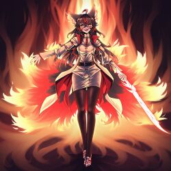  1girl absurdres airi_swordtail animal_ears belt black_hair black_pantyhose black_tail brown_belt coat crossed_bangs fiery_tail fire fox_ears fox_tail hair_between_eyes highres holding holding_sword holding_weapon multicolored_hair multiple_tails original pantyhose pyrokinesis red_eyes red_hair skirt solo streaked_hair sword symbol-shaped_pupils tail tofusquisha weapon x-shaped_pupils 