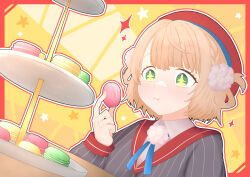  +_+ 1girl absurdres beret blonde_hair blush commentary_request food green_eyes grey_shirt hair_ornament hair_rings hand_up hat highres holding holding_food indie_virtual_youtuber looking_ahead looking_at_food macaron outline pom_pom_(clothes) pom_pom_hair_ornament red_hat red_outline ribbed_shirt shigure_ui_(1st_costume)_(vtuber) shigure_ui_(vtuber) shirt side_up_ring solo sparkle star_(symbol) star_symbol_background swept_bangs tareme tiered_tray torii_yukimasa upper_body virtual_youtuber white_outline wide-eyed yellow_background 