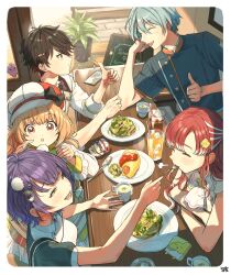  2boys 3girls :d :o absurdres arm_rest black_hair blonde_hair blue_hair braid cafe cellphone character_doll closed_eyes commentary crossed_arms cup day doll eating egg_hair_ornament elbow_rest feeding food food-themed_hair_ornament food_in_mouth fork from_side ha_nonbiri hair_ornament hat highres holding holding_fork indoors kirara_tamako kirara_tamako_(1st_costume) long_hair long_sleeves multicolored_hair multiple_boys multiple_girls nagisa_trout nagisa_trout_(1st_costume) nanase_suzuna nanase_suzuna_(1st_costume) nijisanji omelet open_mouth pasta phone plant potted_plant purple_hair purple_streaks red_hair sakayori_soma sakayori_soma_(1st_costume) saotome_berry saotome_berry_(1st_costume) shirt short_hair short_sleeves smartphone smile speciale_(nijisanji) spoon streaked_hair table thumbs_up twin_braids virtual_youtuber white_hat white_shirt white_streaks yellow_eyes 
