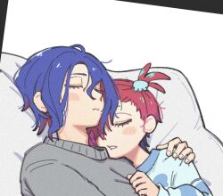  1boy 1girl amate_yuzuriha aqua_eyes blue_hair blue_shirt blush_stickers closed_eyes clothes_grab colored_inner_hair commentary grabbing_another's_shirt grey_shirt gundam gundam_gquuuuuux hair_ornament hair_scrunchie hand_on_another's_chest hand_on_another's_shoulder head_on_another's_shoulder head_on_pillow jellyfish_hair_ornament karaage_unai long_sleeves multicolored_hair pajamas pillow red_hair scrunchie shirt short_hair shuji_ito side_ponytail simple_background sleeping sleeping_on_person two-tone_hair wavy_hair white_background 
