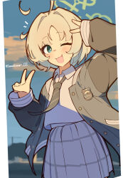  1girl :3 :d ;3 ;d ahoge black_jacket black_necktie blue_archive blurry blurry_background blush bright_pupils buttons clouds collared_shirt commentary_request cowboy_shot double_horizontal_stripe double_v evening green_eyes green_halo grey_hair hair_intakes halo hands_up highres jacket long_sleeves looking_at_viewer necktie notice_lines one_eye_closed open_clothes open_jacket open_mouth outdoors parted_bangs pillarboxed plaid_clothes plaid_skirt pleated_skirt ritsu_(blue_archive) shirt short_hair skirt sleeves_past_wrists smile solo striped_clothes striped_necktie tetenka twitter_username v white_pupils white_shirt white_skirt 