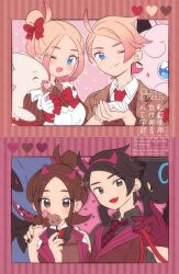  2boys 2girls alternate_color artist_name black_eyes black_hair black_nails blonde_hair blue_eyes blush bow brown_hair buneary character-themed_food dragon fake_horns fang gloves hair_bun hairband harmony_(pokemon) heart highres horn_hairband horns hydreigon jigglypuff misa_aren multicolored_hair multiple_boys multiple_girls necktie one_eye_closed paxton_(pokemon) plaid_clothes plaid_necktie pokemon pokemon_(creature) pokemon_legends:_z-a red_bow red_hair red_horns red_necktie shiny_pokemon taunie_(pokemon) togetic two-tone_hair umbreon urbain_(pokemon) white_gloves 