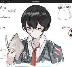  1boy bags_under_eyes black_coat black_hair black_vest book coat collared_shirt commentary cropped_torso english_commentary hair_between_eyes holding holding_book lapels limbus_company looking_at_viewer meliach necktie notched_lapels pou_(game) project_moon red_necktie shirt short_hair solo_focus vest white_shirt yi_sang_(project_moon) 