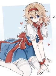  1girl ? alice_margatroid blonde_hair blue_dress blue_eyes capelet commentary_request dress ebuna frilled_hairband frilled_wrist_cuffs frills hair_between_eyes hairband heart highres looking_at_viewer open_mouth red_hairband red_sash red_wrist_cuffs sash sitting solo thigh-highs touhou waist_sash white_capelet white_thighhighs wrist_cuffs 