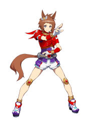  animal_ears arcle_(kuuga) armor biko_pegasus_(umamusume) blue_eyes bracelet brown_hair brown_tail hair_ornament horse_ears horse_girl horse_tail jewelry kamen_rider kamen_rider_kuuga kamen_rider_kuuga_(mighty_form) kamen_rider_kuuga_(series) knee_pads purple_shirt rider_belt shirt shorts shoulder_armor tail tenkey2022 umamusume 