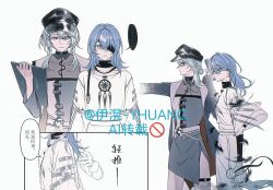  2girls blue_hair clipboard commentary_request dreamcatcher expressionless gun hat hecate_(path_to_nowhere) highres holding holding_clipboard holding_gun holding_weapon looking_at_another multiple_girls multiple_views nightingale_(path_to_nowhere) path_to_nowhere weapon white_background yhuang1378 