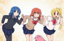  >_< 3girls :> :d ahoge blonde_hair blue_hair bocchi_the_rock! dancing gotoh_hitori gotoh_hitori_(octopus) green_eyes hyadain_no_joujou_yuujou ijichi_nijika kita_ikuyo long_hair medium_hair mole mole_under_eye multiple_girls nichijou pantyhose parody red_hair side_ponytail smile suwaneko yamada_ryo yellow_eyes 