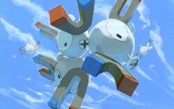  black_eyes blue_sky floating highres magnemite magnet magneton metal_skin no_humans one-eyed pokemon pokemon_(creature) pokemon_focus sakuraiisui screw sky 
